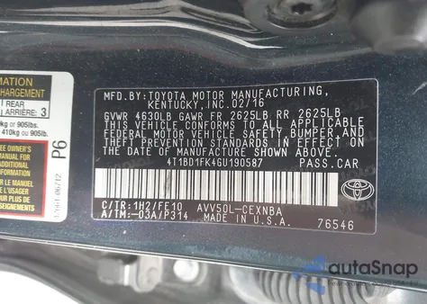 2016 Toyota Camry Hybrid Le z USA, uszkodzony, nr VIN 4T1BD1FK4GU190587